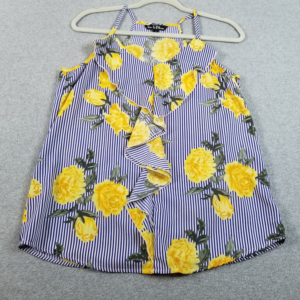 Time To Bloom Cami Tank Top Women S Small Blue Yellow Floral Roses Stripe Blouse